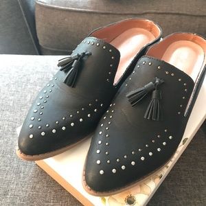 Black leather mule slides